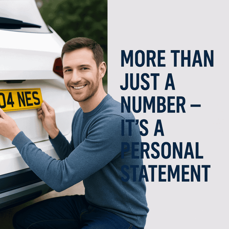 Man with Number plate near a car, with the message more than just a Number, It's a personal Statement